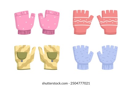 Children knitted gloves and mittens for winter. Vector isolated wintertime clothes apparel and accessories set for kids and adults. Warm clothing for hands, protecting from frost and cold climate