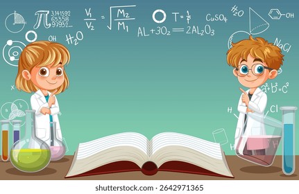 Children in lab coats with chemistry symbols around