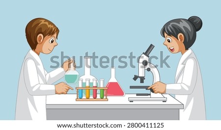 Children in lab coats use a microscope and chemical flasks for a school science project