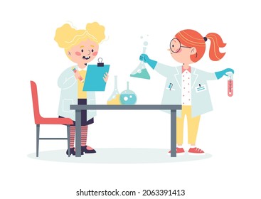 Children in laboratory conducting scientific chemical experiment, flat vector illustration isolated on white background. Cute cartoon characters of kids scientists.