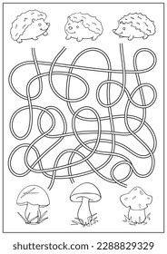 Children labyrinth and maze game. Kids coloring book. Find way education activity page and worksheet with cute hedgehogs. Cartoon colorful vector illustration.