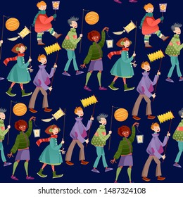 Children with lanterns celebrate St. Martin’s Day. Laternenumzug (Lantern parade). Seamless background pattern. Vector illustration. 