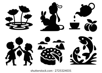 Kinder Laternen Mondkuchen Tee Fisch und Blumen schwarz Silhouette
