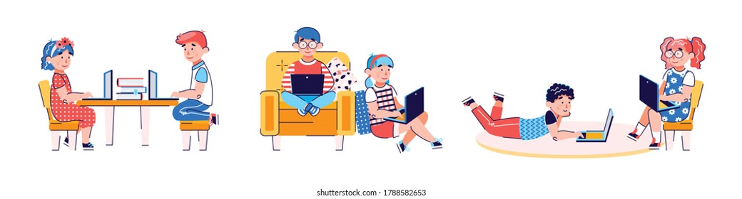 Children with a laptop in different poses. Children using a laptop for online education or entertainment. A set of cartoon vector illustration isolated on a white background.
