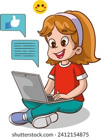 children with laptop and speech bubble. Vector illustration of a cartoon character.