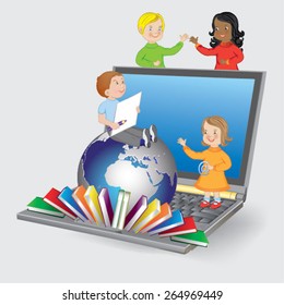 children with laptop - vector illustration