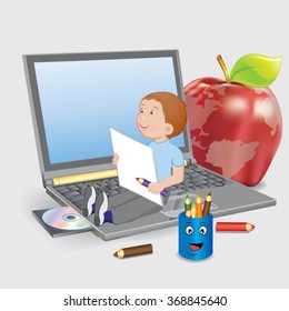 children with laptop - vector illustration