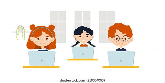 Children with laptops in the classroom. Vector illustration 