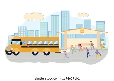 Children are Late for School Bus Running to Chase Yellow Vehicle Flat Cartoon Vector Illustration. Pupils Catching Transport in Residential Suburban Street. Boys and Girls on Bus Stop.