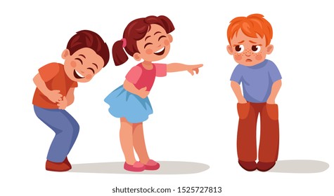 Children laugh at a red-haired boy who is upset and offended.