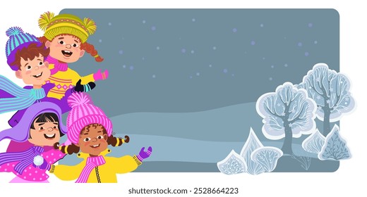 Children laugh and wave their hands. Group of happy kids in bright winter clothes. Cute cartoon children against the background of a winter snowy landscape. Vector flat illustration.