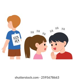 Children are laughing ah kick me sign prank on friend's back illustration