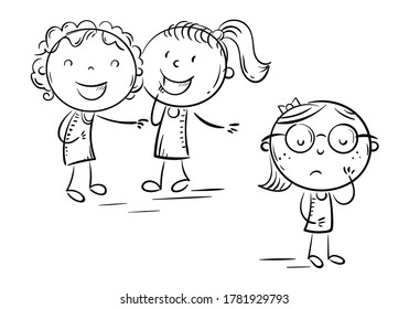 Children laughing and pointing at the shy girl in glasses, school bullying, outline