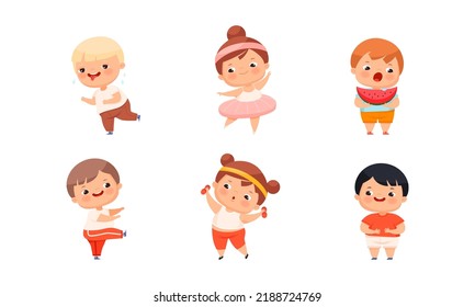 Children leading active healthy lifestyle set. Kids doing sports and eating healthy food vector illustration
