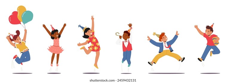 Children Leap With Joy, Holding Balloons And Party Horns Isolated on White Background. Little Characters Embodying Festive The Exuberance Of A Kids Holiday Party. Cartoon People Vector Illustration