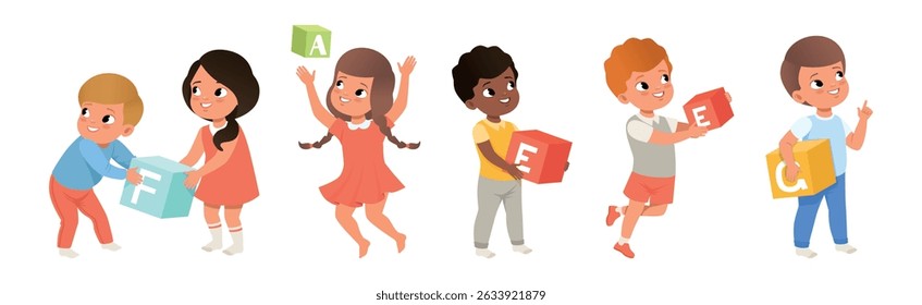 Children Learn Alphabet with toy Block in Kindergarten Vector Set