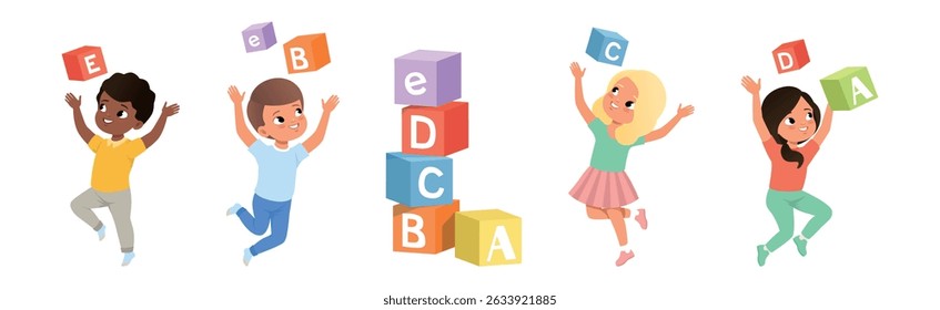 Children Learn Alphabet with toy Block in Kindergarten Vector Set