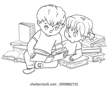 Children learn from books. Boy and girl reading fairy tales together. Funny cartoon characters. Vector illustration. Isolated on white background. Coloring book