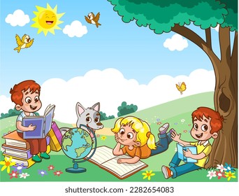 Children learn from books. Boy and girl reading fairy tales together. Colorful cartoon characters. Funny vector illustration. Isolated on white background