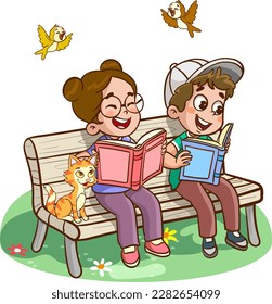 Children learn from books. Boy and girl reading fairy tales together. Colorful cartoon characters. Funny vector illustration. Isolated on white background