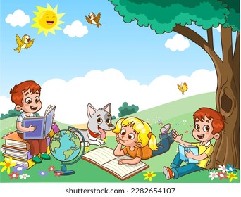 Children learn from books. Boy and girl reading fairy tales together. Colorful cartoon characters. Funny vector illustration. Isolated on white background