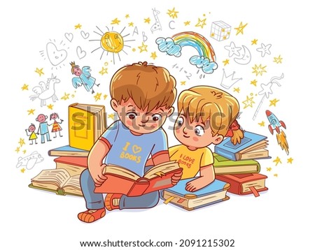 Children learn from books. Boy and girl reading fairy tales together. Colorful cartoon characters. Funny vector illustration. Isolated on white background