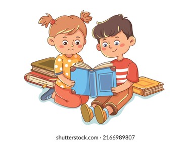 Children learn from books. Little boy and girl sitting and reading interesting fairy tale together. Friends spend time together and gain new knowledge. Cartoon colorful flat vector illustration