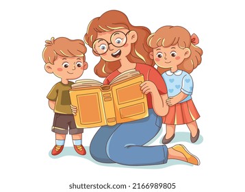 Children learn from books. Young mother reads interesting fairy tale to her son and daughter. Parent spends time with children and gives them knowledge or education. Cartoon flat vector illustration