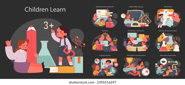 Children learn dark or night mode set. Elementary school classes. Kids engaging in studies, discussions, and creative play. Multidisciplinary academic knowledge gaining. Flat vector illustration