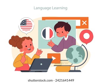 Children learn. Elementary school classes. Kids studying English and French. Foreign languages and vocabulary learning. Flat vector illustration