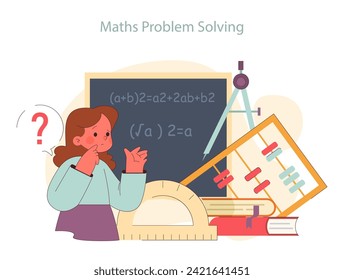 Children learn. Elementary school classes. A puzzled student grapples with mathematical problem. Academic knowledge gaining. Flat vector illustration