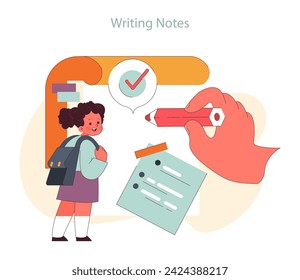 Children learn. Elementary school classes. A girl with a checklist and a pencil. Student tacking notes. Academic knowledge gaining. Flat vector illustration
