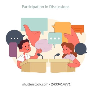 Children learn. Elementary school classes. Kids actively participating in discussions, exchanging ideas, and learning debate skills. Academic knowledge gaining. Flat vector illustration