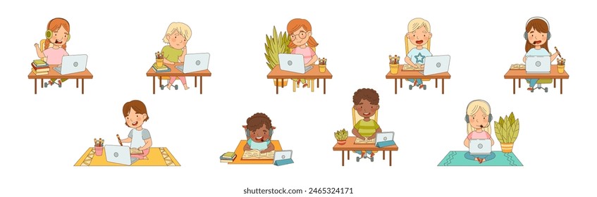 Children Learn from Home Having Remote Class Vector Set