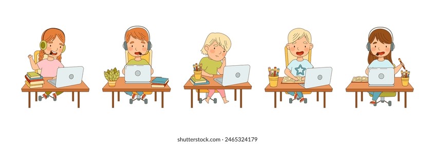 Children Learn from Home Having Remote Class Vector Set