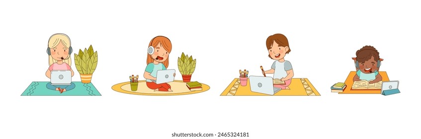 Children Learn from Home Having Remote Class Vector Set
