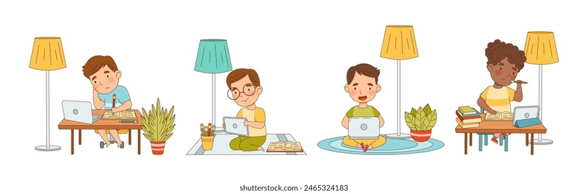 Children Learn from Home Having Remote Class Vector Set