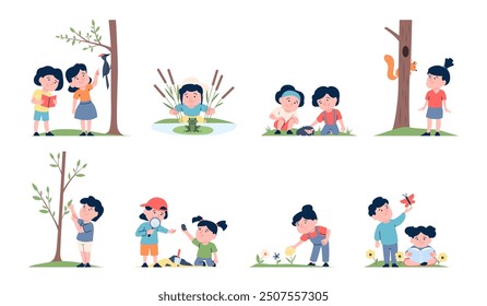 Children learn nature. Kids looking at grass and flowers, forest birds and animals. Lessons in park or garden, naturalists recent vector characters