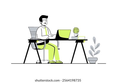 Children learn on computers web concept with flat cartoon people for website design. Boy watching video lessons or virtual class conference, doing homework online using laptop. Vector illustration.