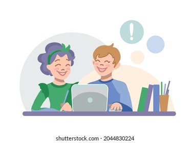 Kinder lernen online. Zurück zur Schule. Heimunterricht. Vektorgrafik