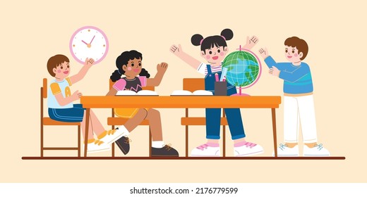 Los Niños Aprenden Y Juegan Juntos, Vector, Ilustración