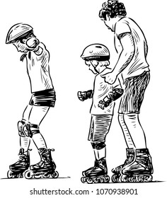 Children learn to ride on rollers