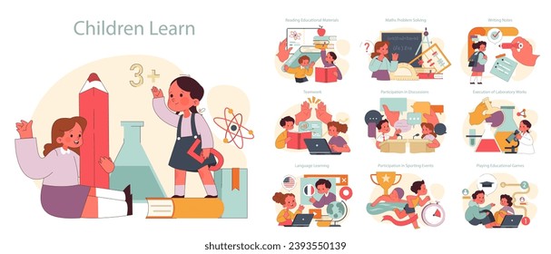 Children learn set. Elementary school classes. Children engaging in studies, discussions, and creative play. Multidisciplinary education, academic knowledge gaining. Flat vector illustration