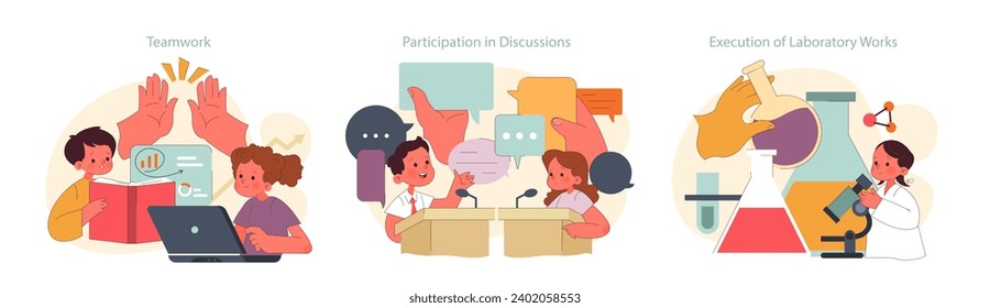 Children learn set. Elementary school classes. Students collaborate, discuss, and conduct experiments. Multidisciplinary education, academic knowledge gaining. Flat vector illustration