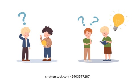 Children learn and think, vector illustration on white. Boys, question marks and light bulbs, new good ideas. Design concept for children's projects and education. Drawing in flat cartoon style.