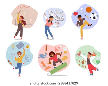 Children Learn Various School Subjects. Geometry, Physics, Chemistry Science, Music, Painting, And Sport. These Subjects Help Them Acquire Knowledge, Education. Cartoon People Vector Illustration