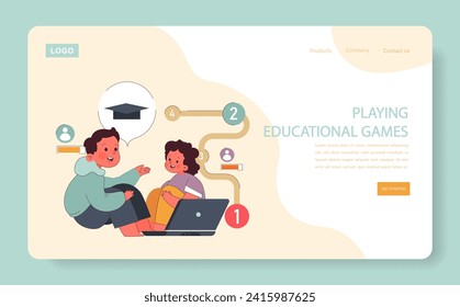 Los niños aprenden web o aterrizan. Clases de primaria. Los niños aprendieron a través de juegos interactivos educativos. El conocimiento académico gana. Ilustración vectorial plana