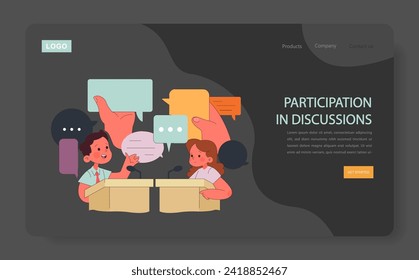 Children learn web or landing. Elementary school classes. Kids actively participating in discussions, exchanging ideas, and learning debate skills. Academic knowledge gaining. Flat vector illustration