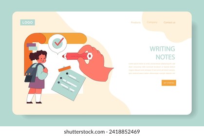 Children learn web or landing. Elementary school classes. A girl with a checklist and a pencil. Student tacking notes. Academic knowledge gaining. Flat vector illustration