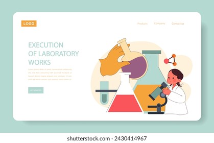 Children learn web or landing. Elementary school classes. Young scientist conducts experiments, studying chemistry with flasks and a microscope. Academic knowledge gaining. Flat vector illustration